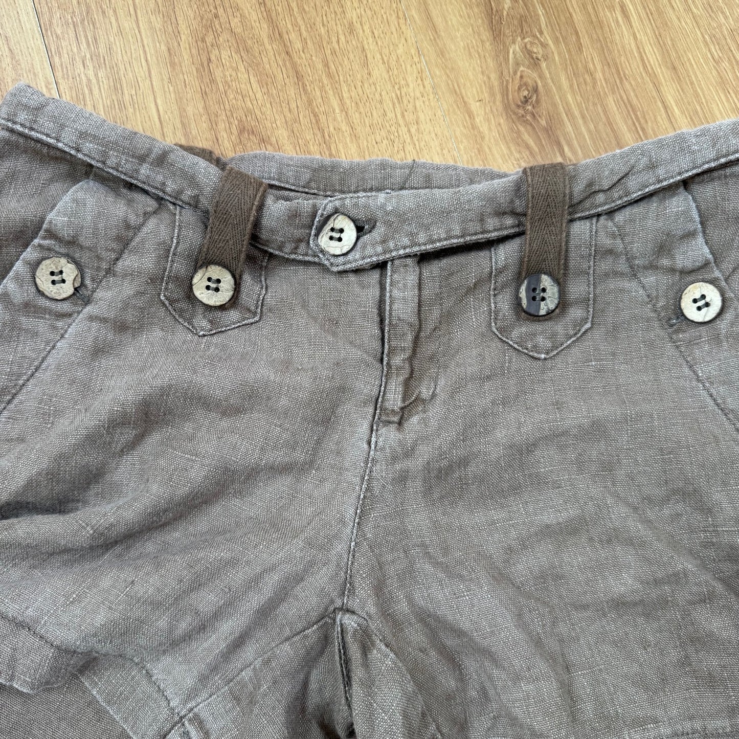 Y2K vintage 100% linen mini shorts buttons chino side pockets brown lightweight