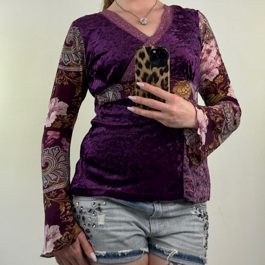 Y2K vintage flare sleeve top boho patchwork lace trim v neck velvet mesh paisley