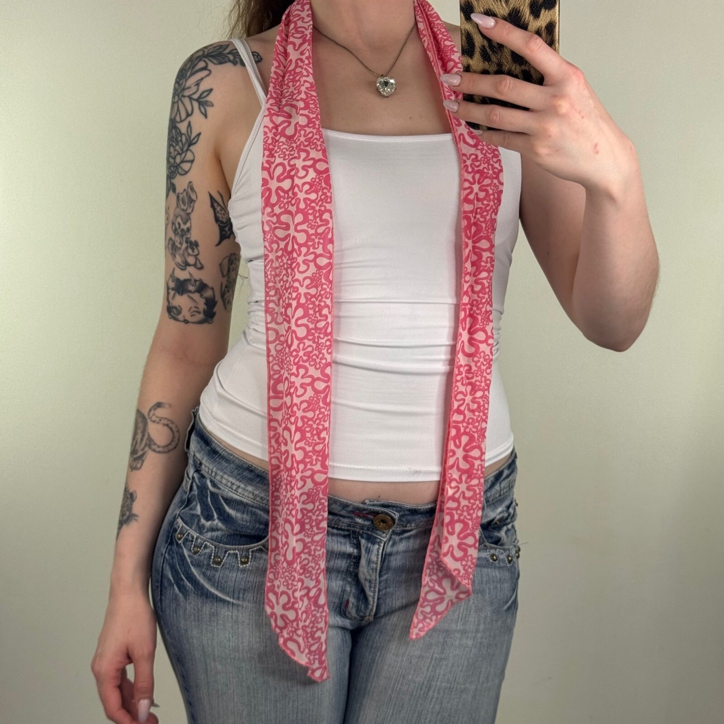 Y2K vintage scarf skinny thin sheer floral print white pink