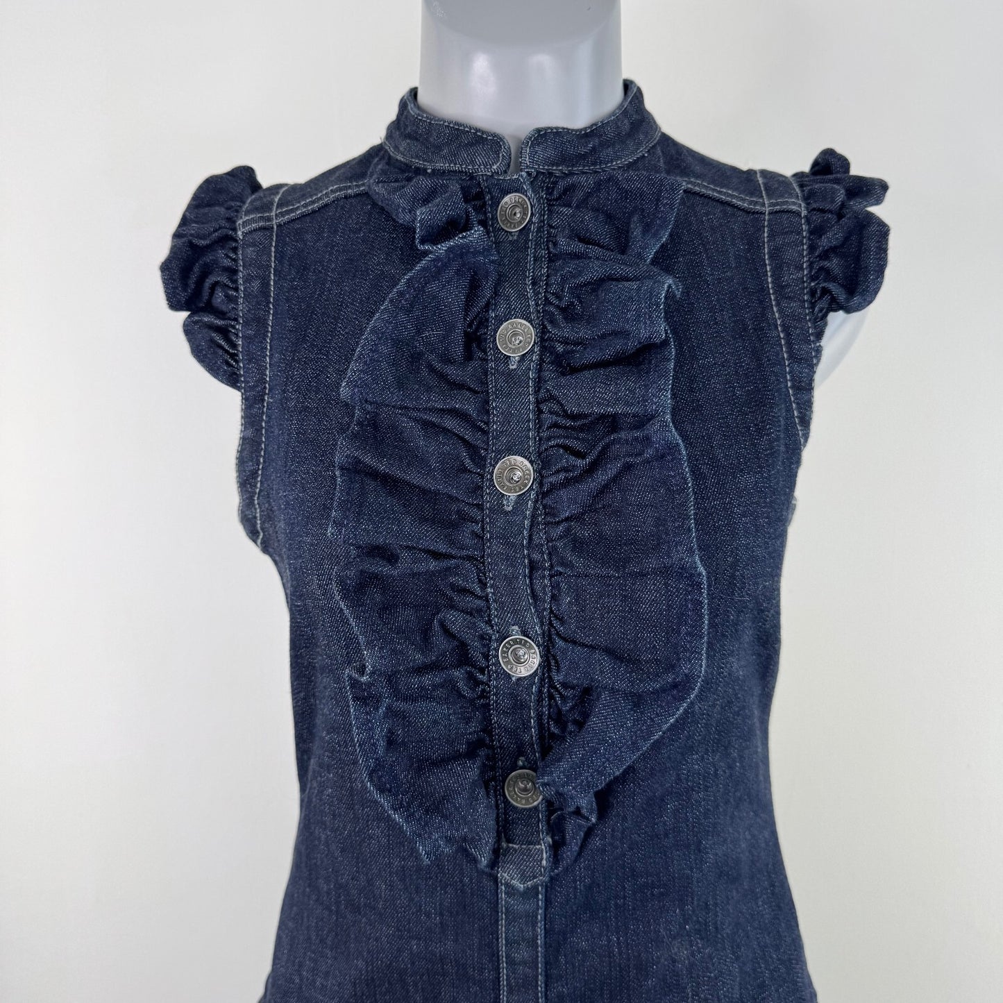 Y2K vintage Ted Baker denim mini dress ruffle bust button up sleeveless fitted