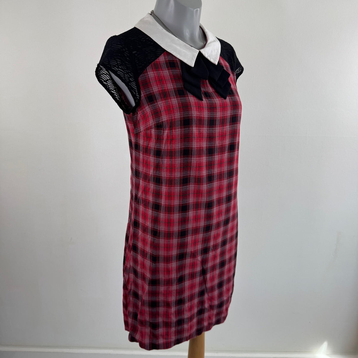 Y2K vintage tartan mini dress bow a line collar short sleeve sheer plaid print