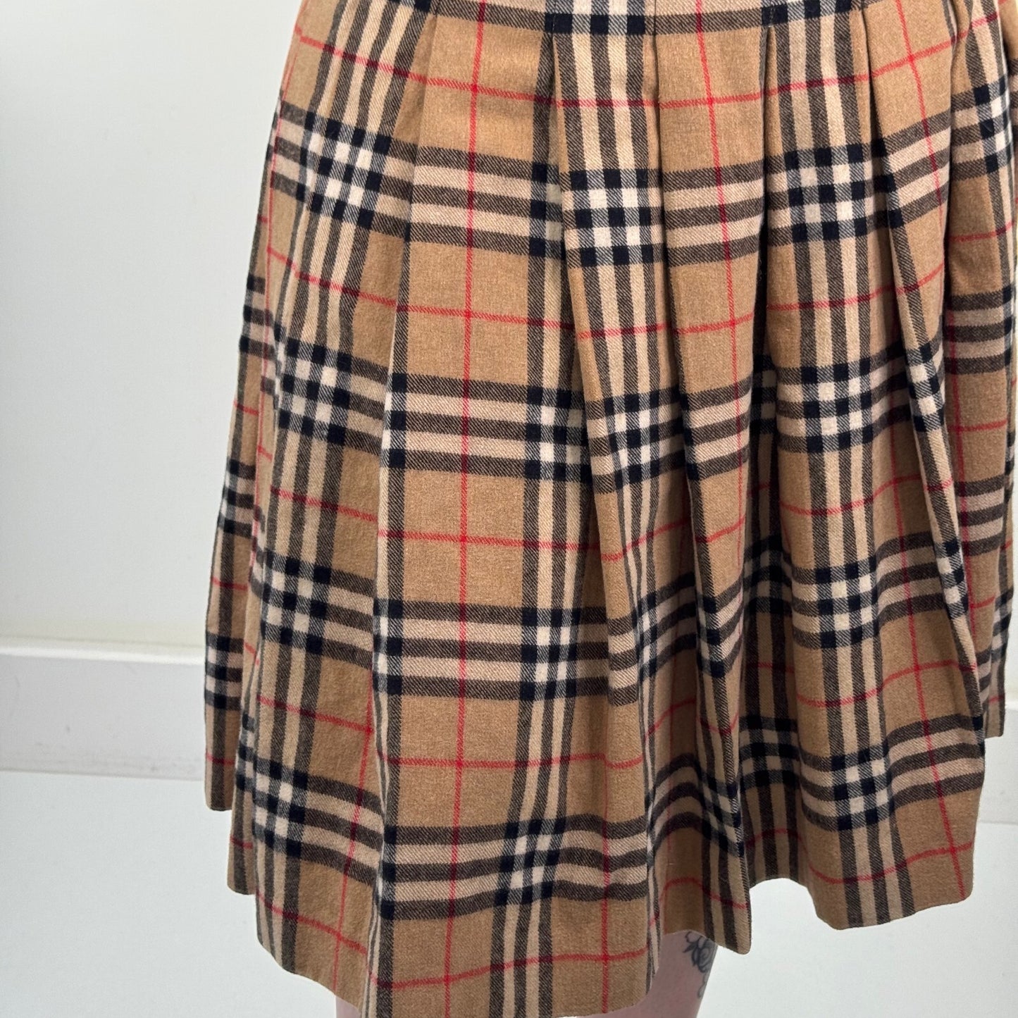 Y2K vintage midi skirt nova check print wool knit pleated a line beige