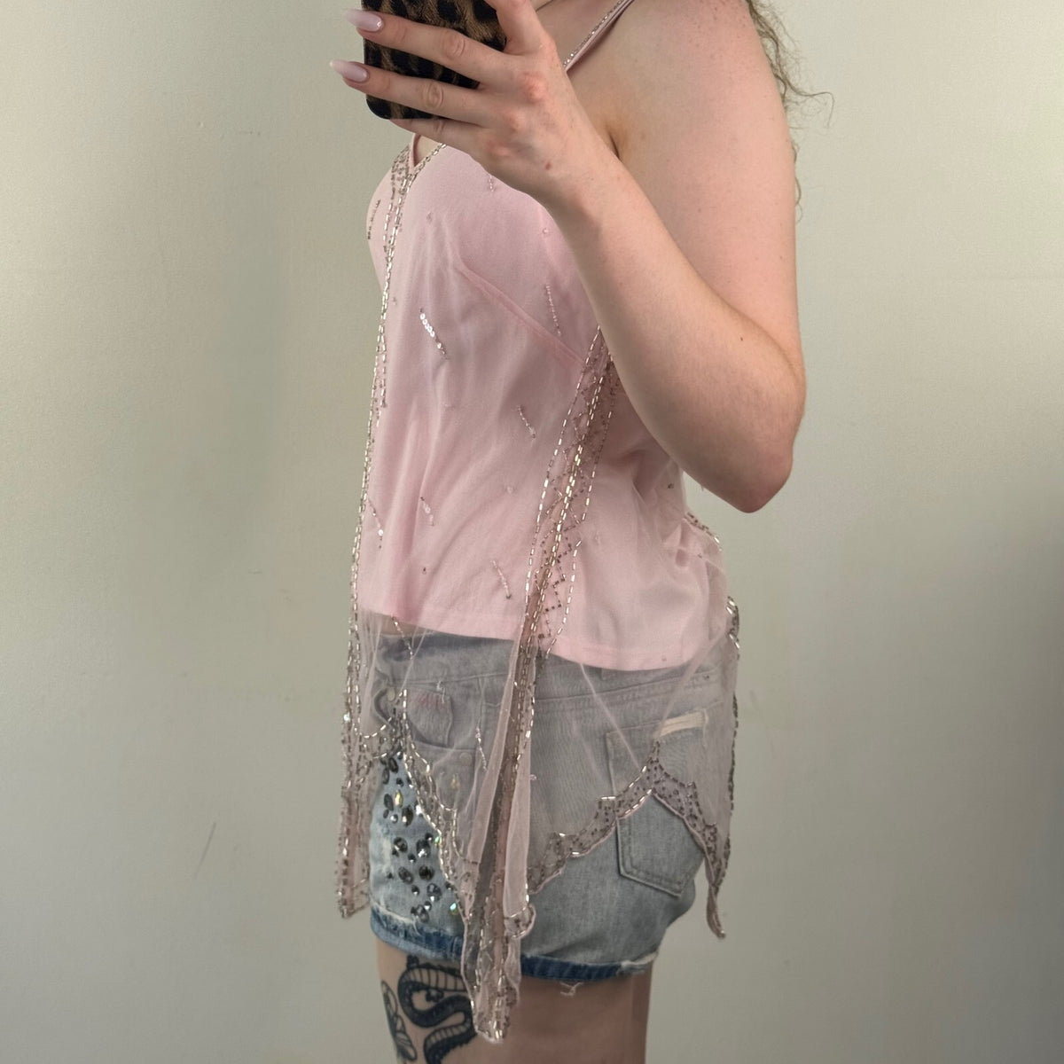 Y2K vintage fairy cami top beaded embellished baby pink mesh sequin coquette