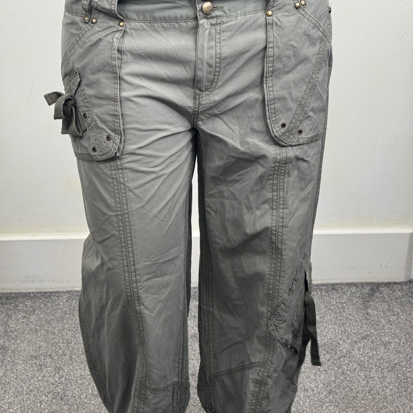 Y2K vintage cargo trousers pants utility baggy ruched bow pockets baggy khaki