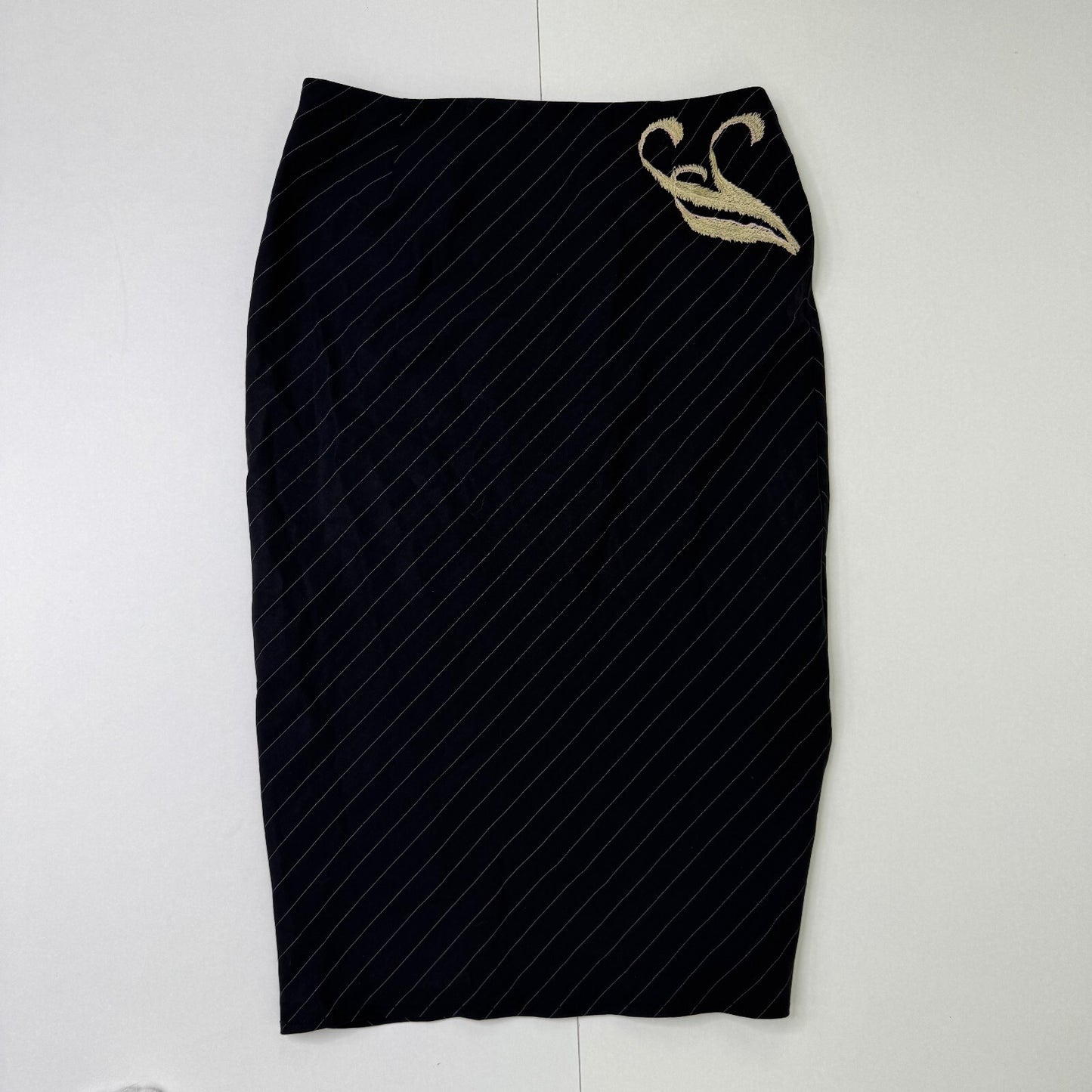 Y2K vintage Karen Millen midi skirt pinstripe floral embroidered virgin wool