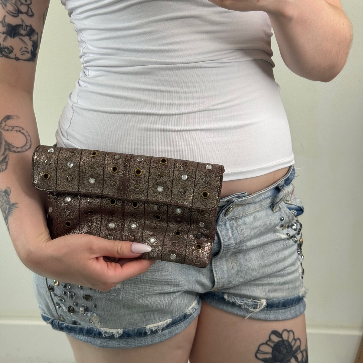 Vintage Y2K clutch mini small evening bag studs rhinestones metallic distressed