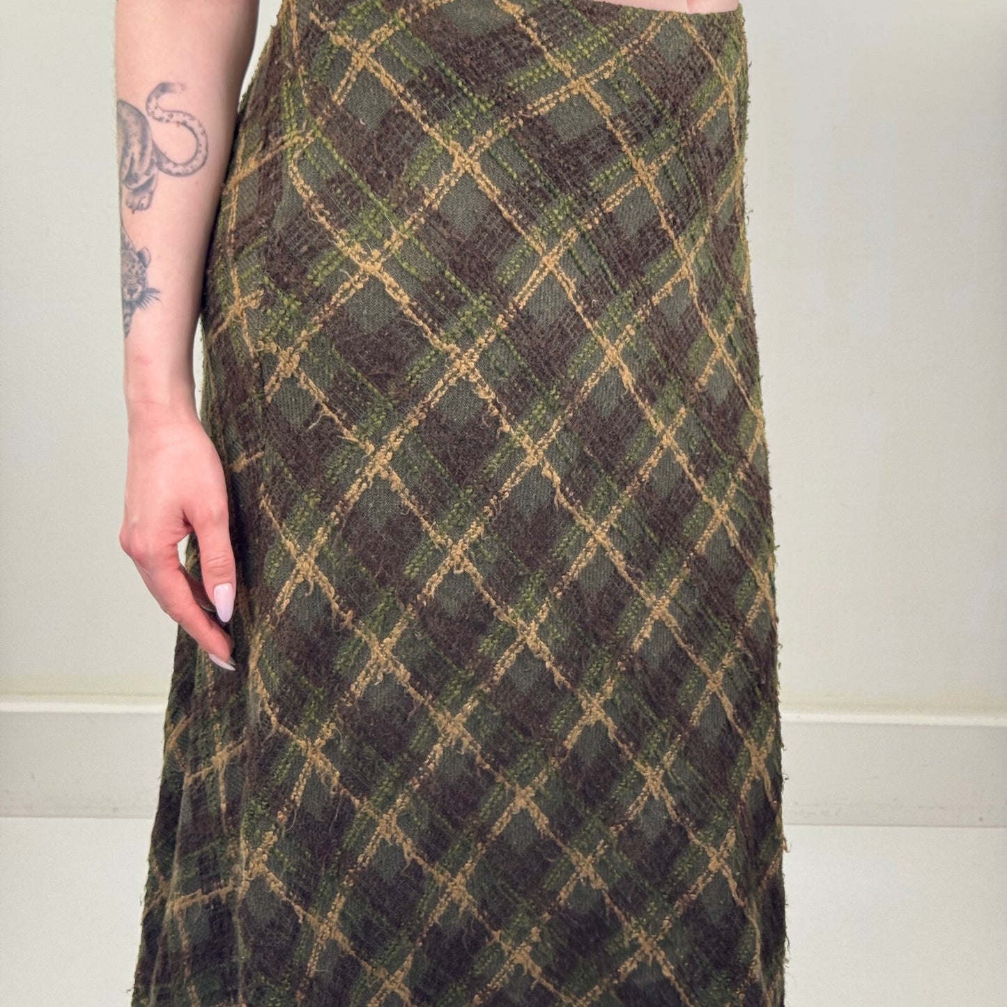 Y2K vintage Per Una maxi skirt tartan check wool blend dark green boho knit