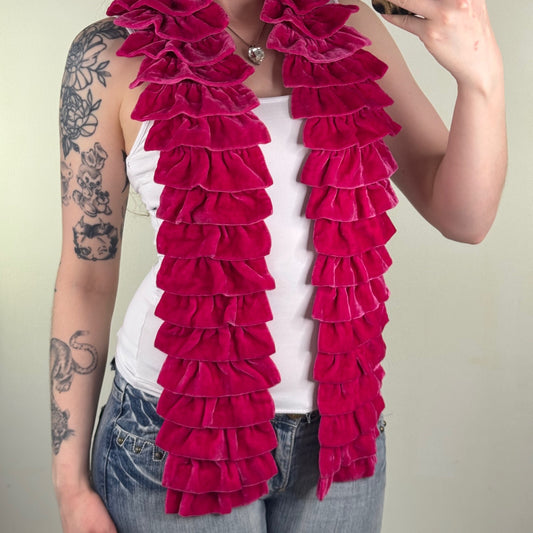 Y2K vintage scarf frilly hot pink velvet tiered