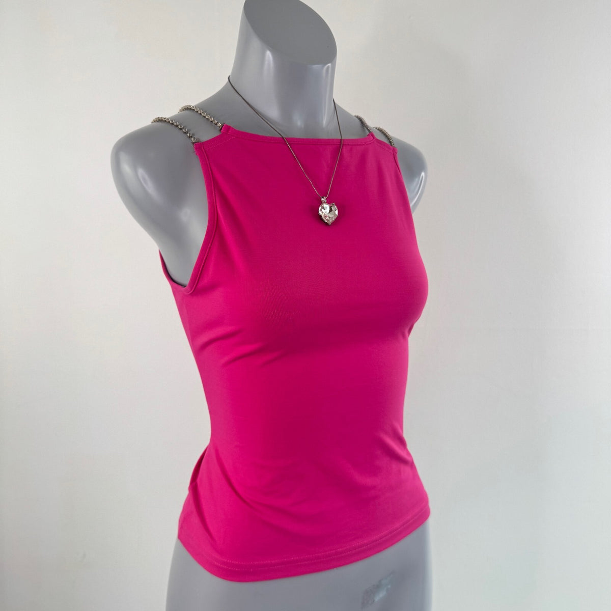 Y2K vintage tank top slinky rhinestone high neck fitted hot pink