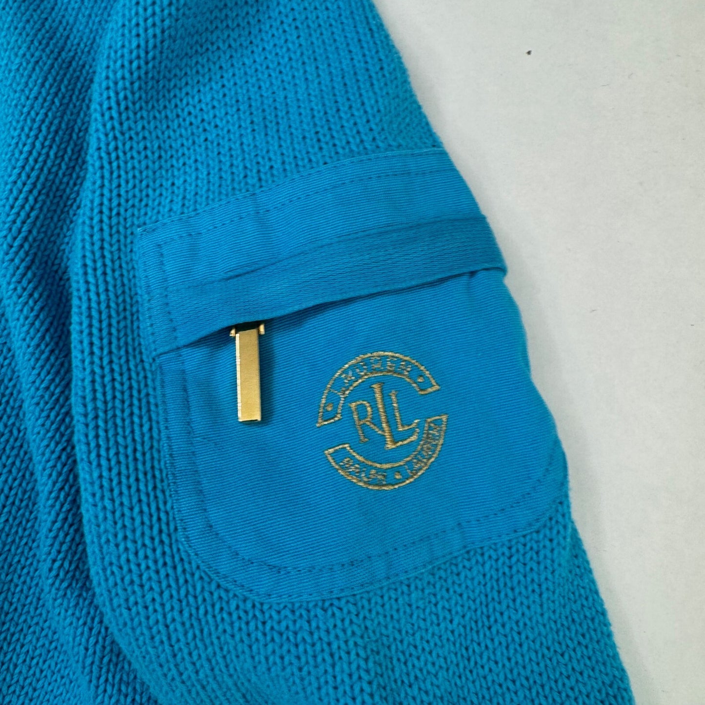 Y2K vintage Lauren Ralph Lauren zip up jumper knit cargo pocket high neck blue