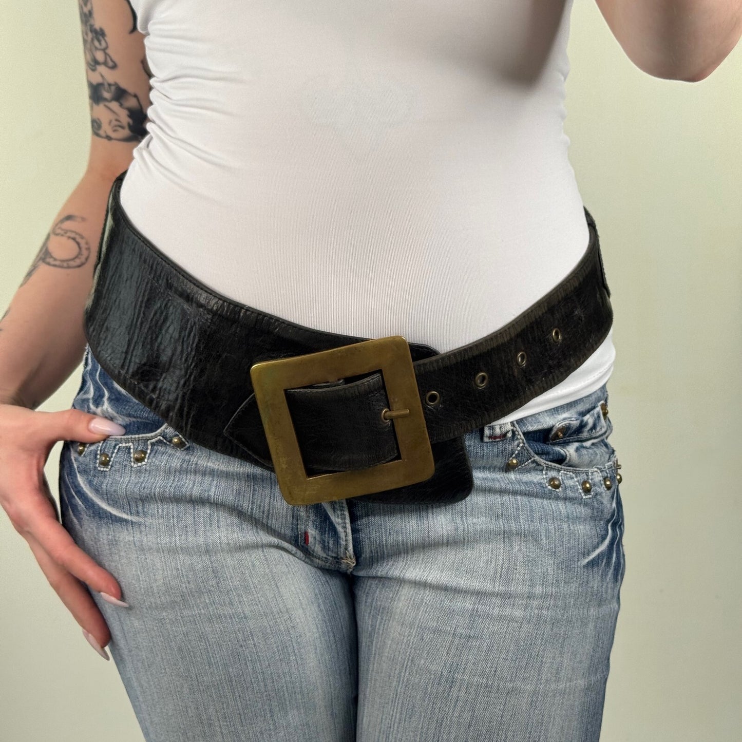 Y2K vintage genuine leather belt chunky oversize square buckle