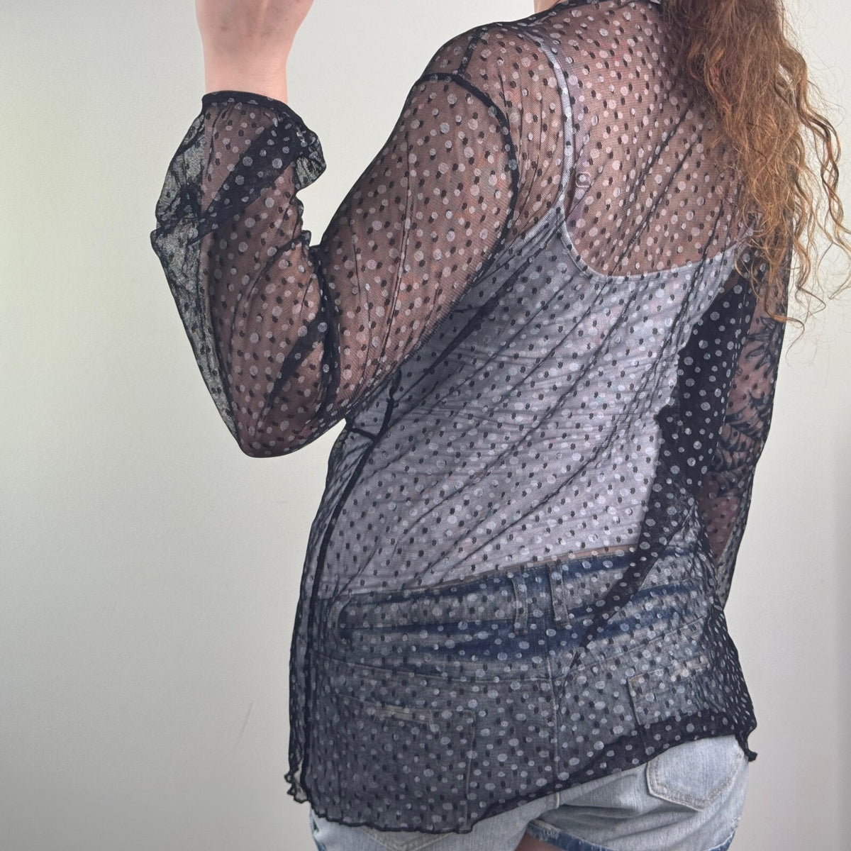 Y2K vintage Per Una top mesh sheer v neck bow stretchy polka dot long sleeve