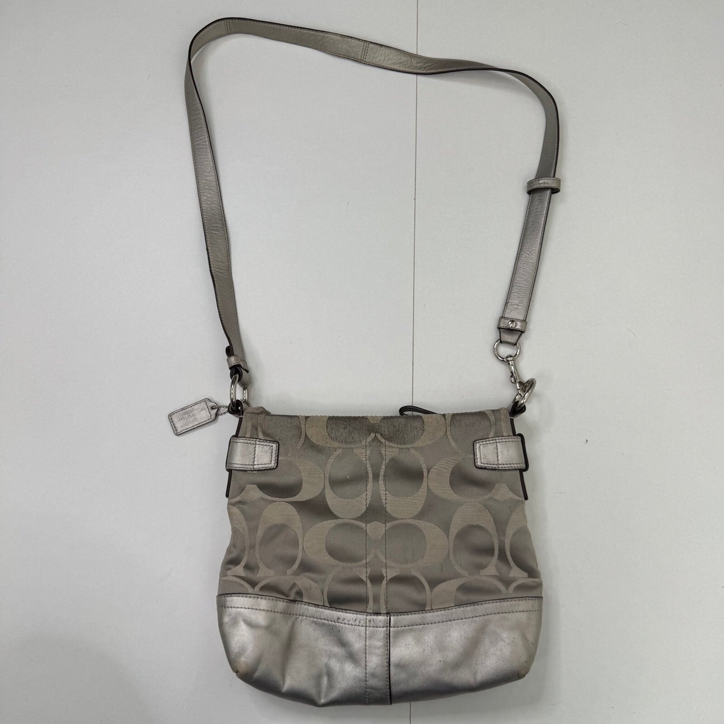 Vintage Coach Monogram Canvas Leather Metallic Crossbody Bag Chain Strap Zip