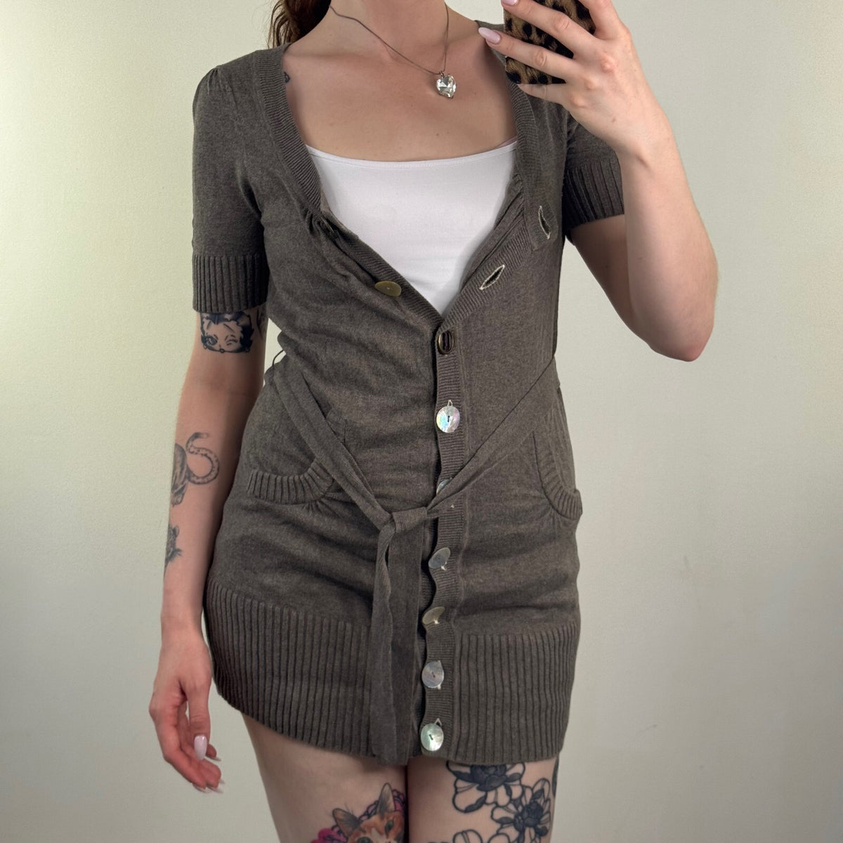 Y2K vintage cardigan short sleeve shell button up bow belt fine knit scoop neck