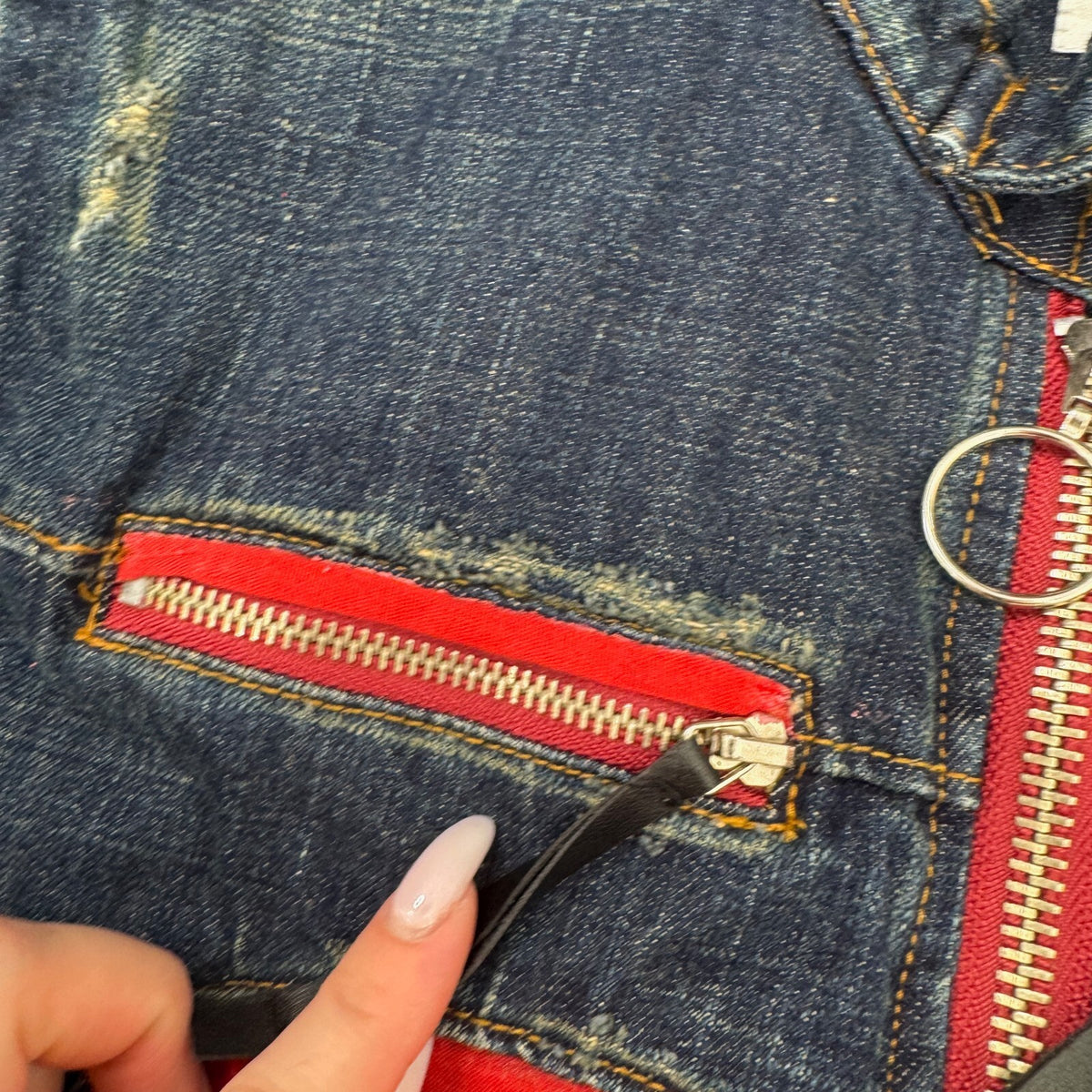 Y2K vintage denim jacket biker motorcycle moto zip up short patches high neck