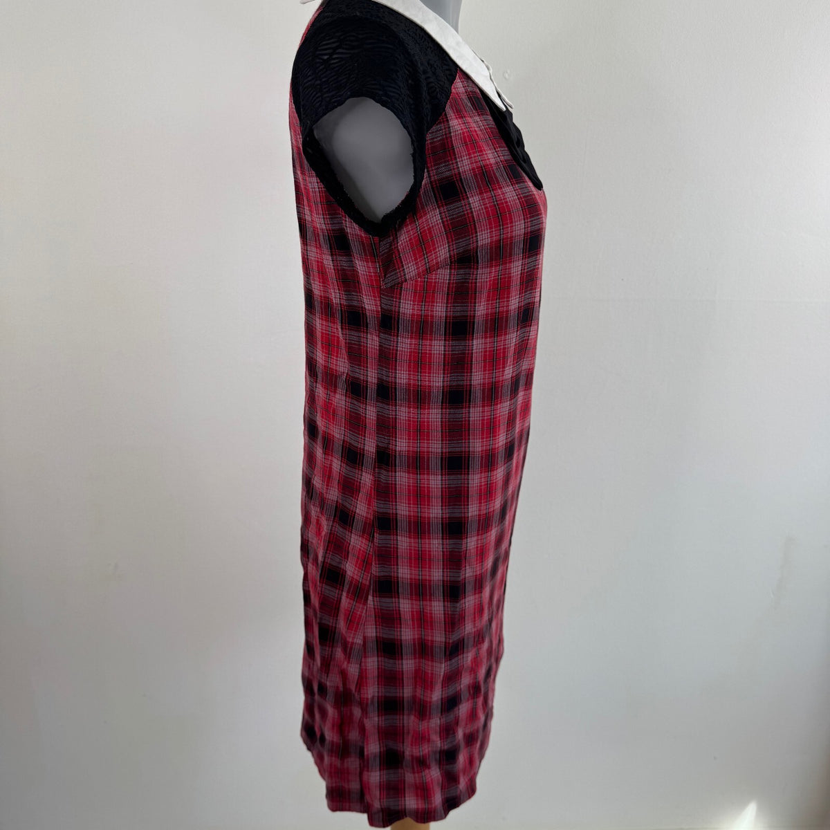 Y2K vintage tartan mini dress bow a line collar short sleeve sheer plaid print