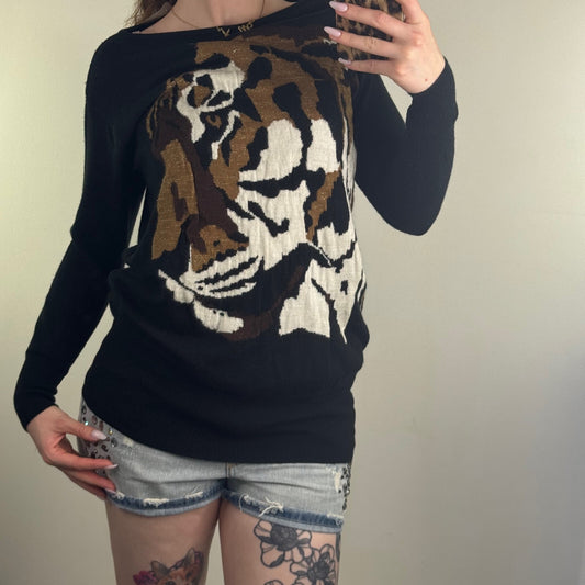Y2K vintage fine knit jumper tiger peplum fitted waistband sparkly slouchy