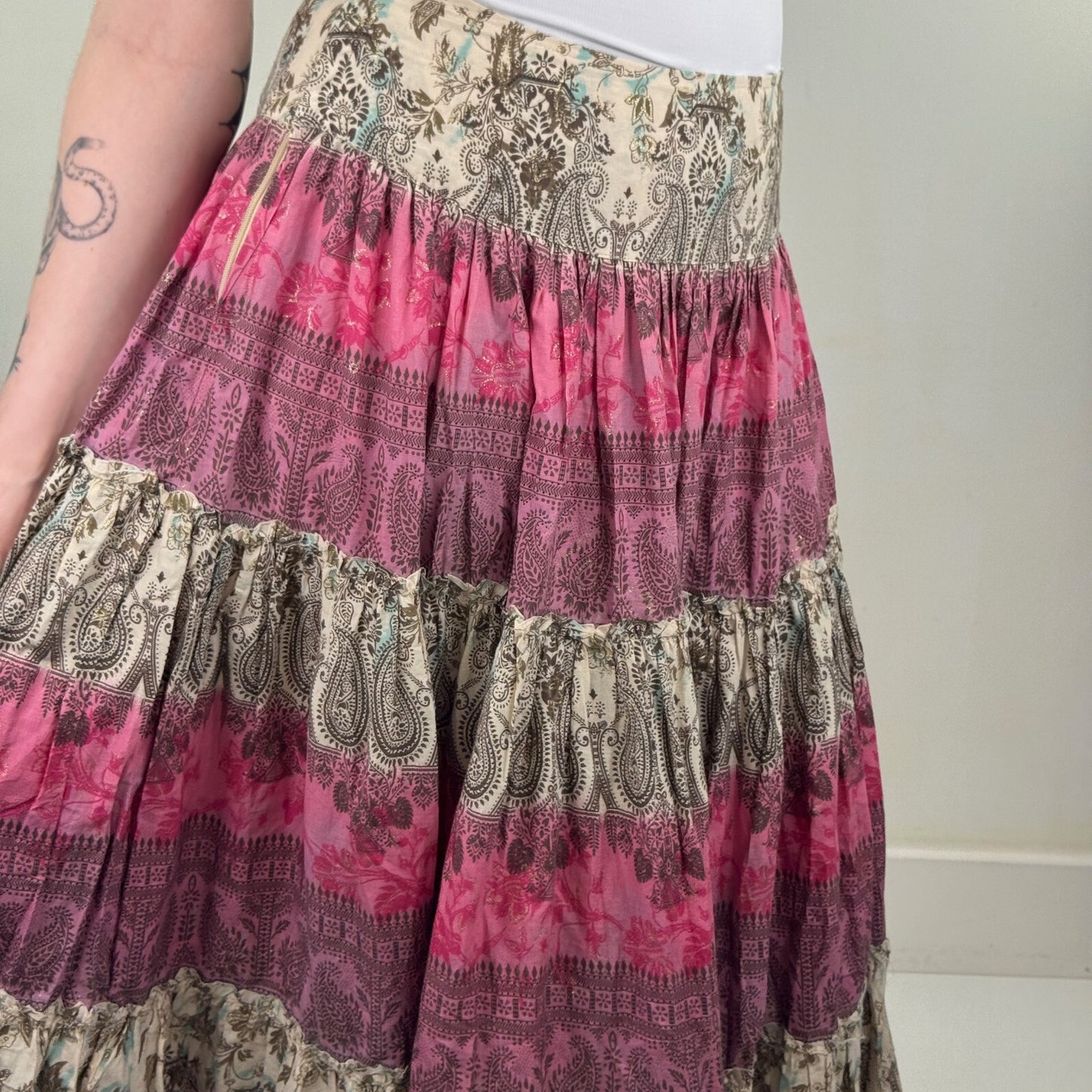 Y2K vintage maxi skirt boho patchwork tiered paisley floral pink cream purple