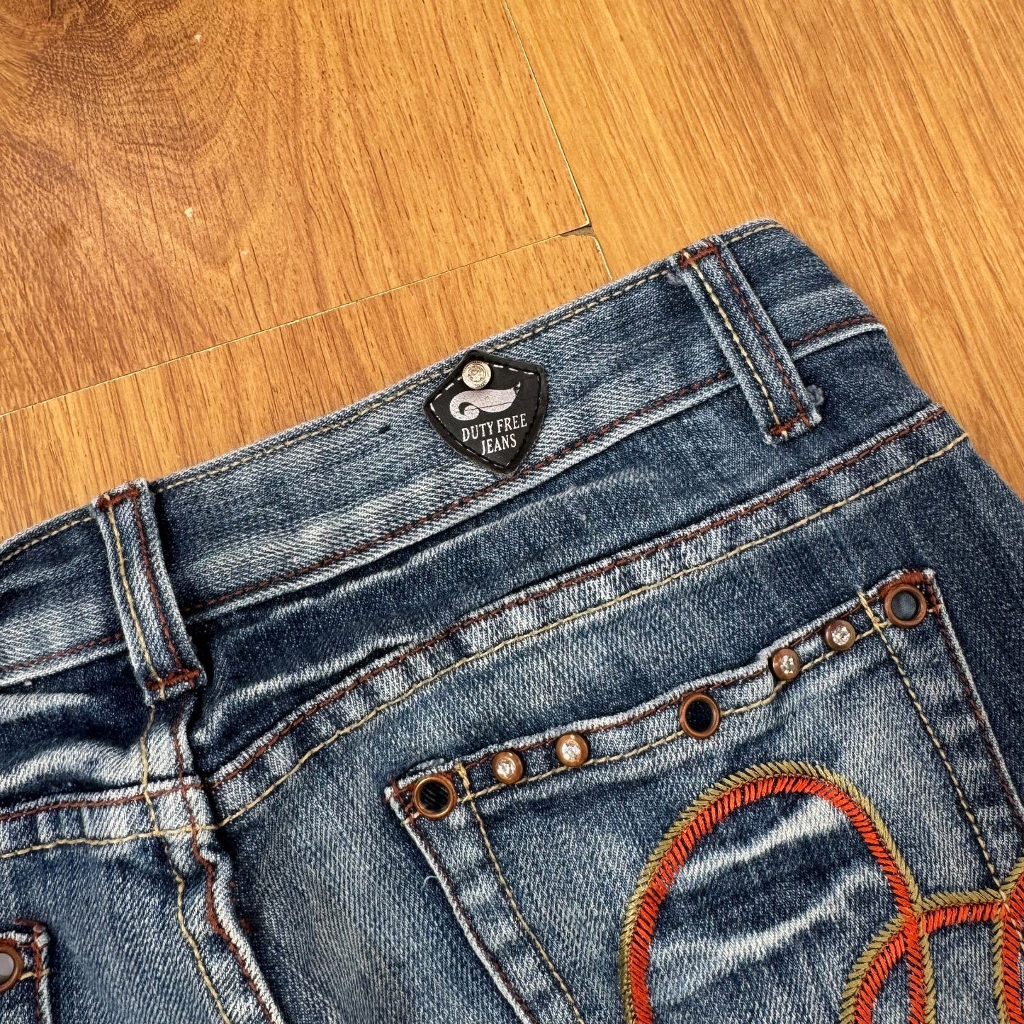 Y2K vintage bootcut denim jeans low rise rhinestones embroidered pockets faded