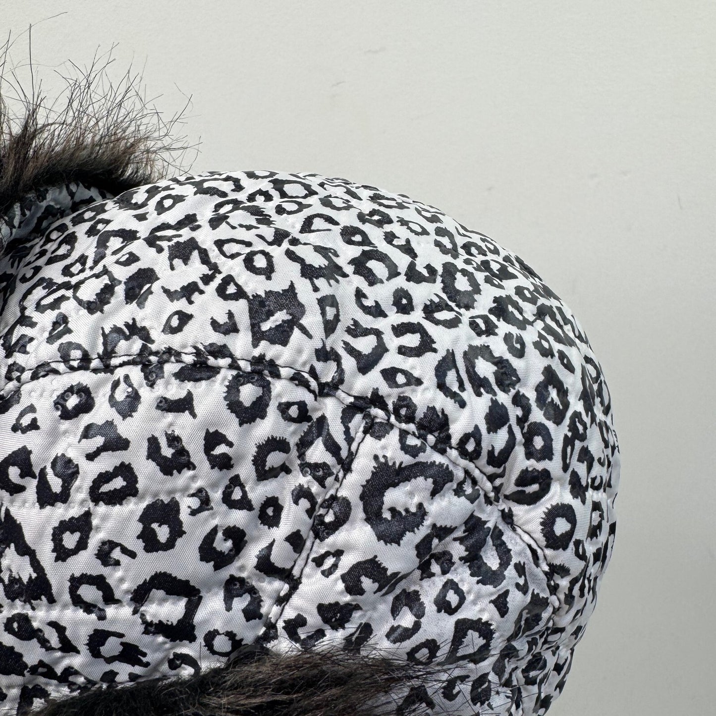 Y2K vintage trapper hat faux fur leopard print quilted black white unisex