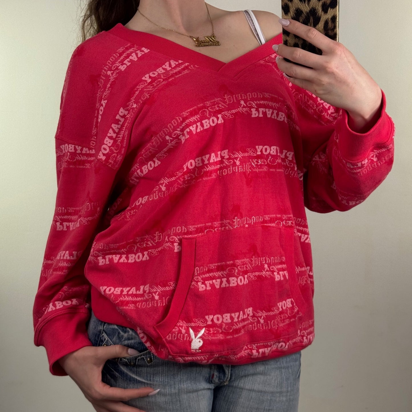 Y2K vintage Playboy hoodie v neck sparkly text 3/4 length sleeve