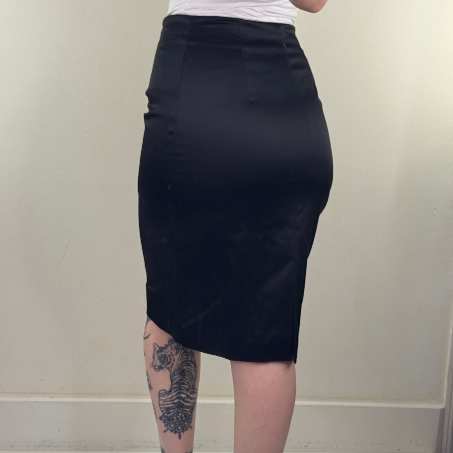 Y2K vintage satin midi skirt fitted tailored slit knee length formal high waist