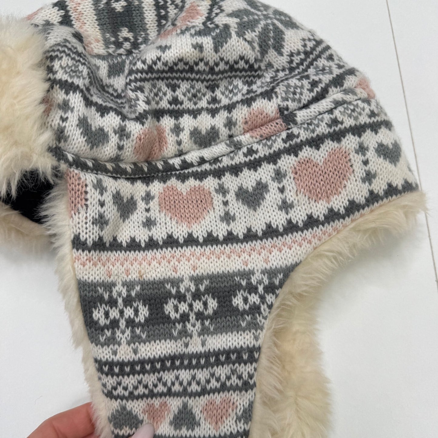 Y2K vintage trapper hat knit faux fur trim pom poms heart aztec print