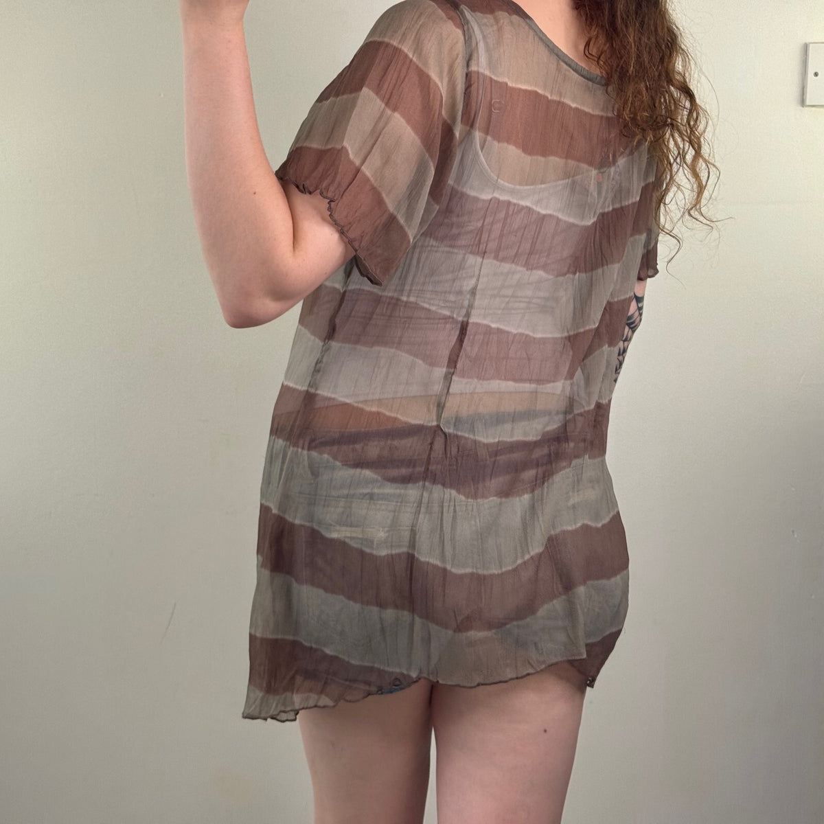 Y2K vintage blouse stripe boho cowl neck embellished sheer short sleeve