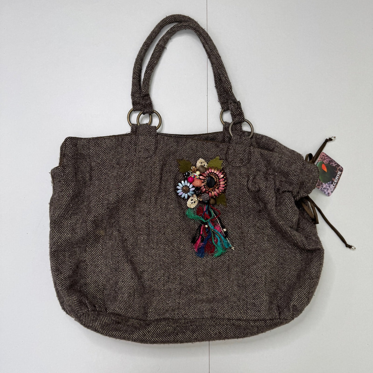 Y2K vintage large shoulder bag tweed boho slouchy floral embellished sparkly