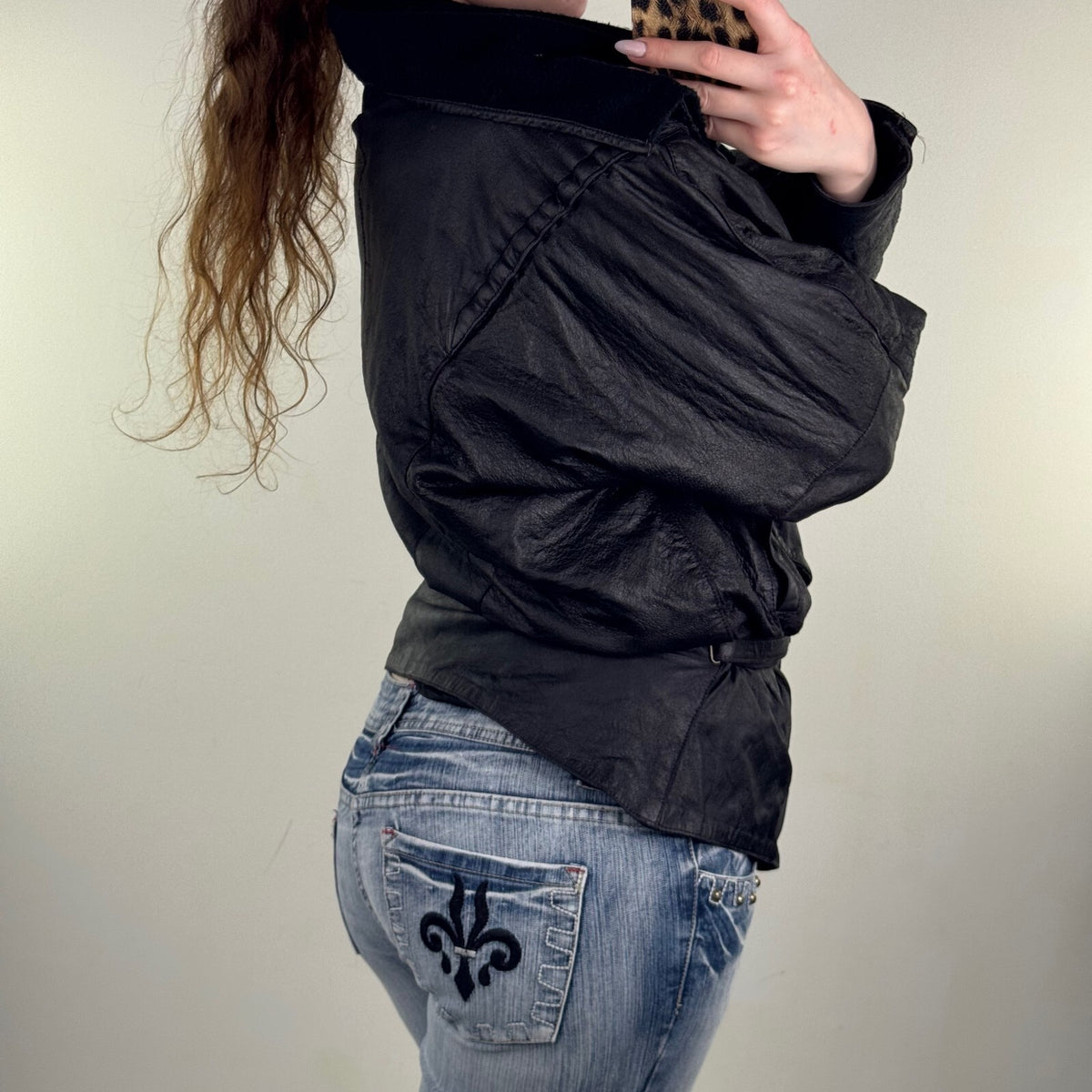 Vintage Genuine Leather Batwing Wrap Jacket Oversized Cowl Collar Statement 80s