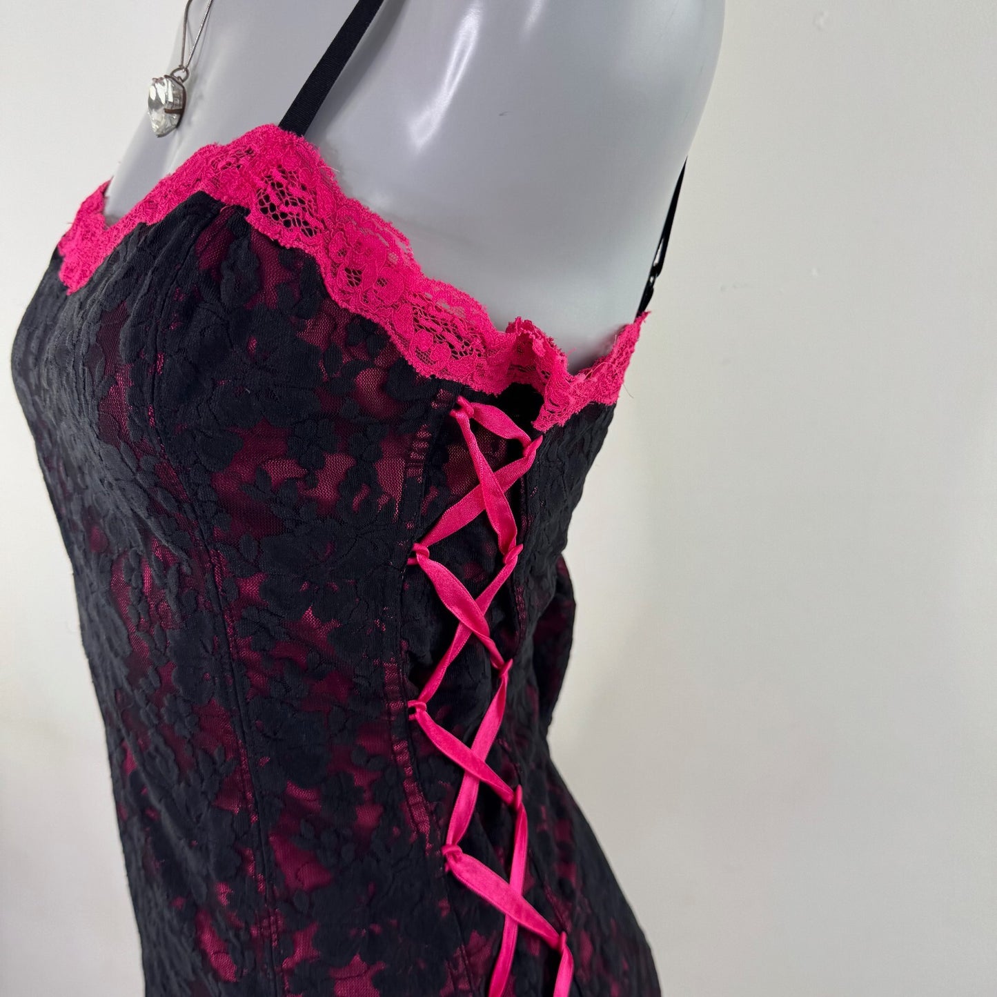 Y2K vintage chemise babydoll mini dress lace up trim frilly rara pink black bow