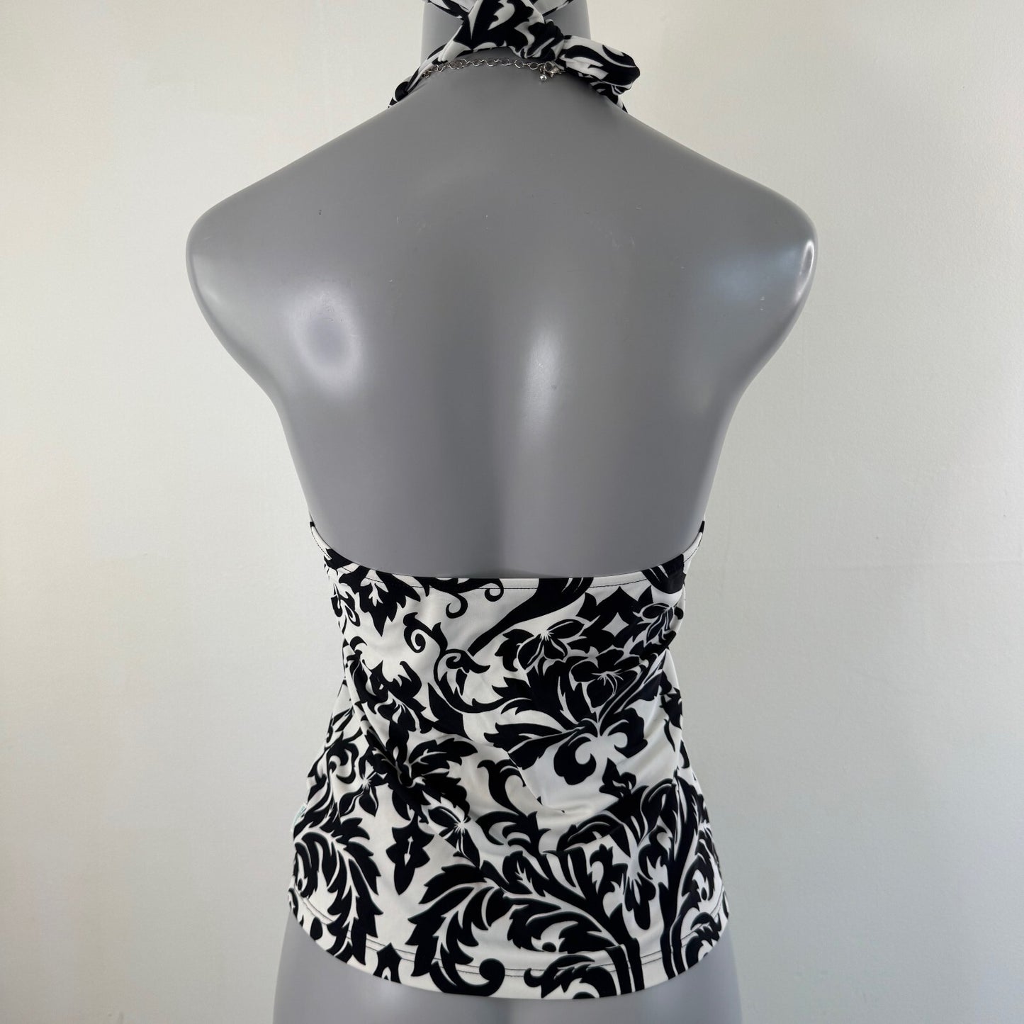 Vintage tankini top filigree black white halter neck tie bow v neck
