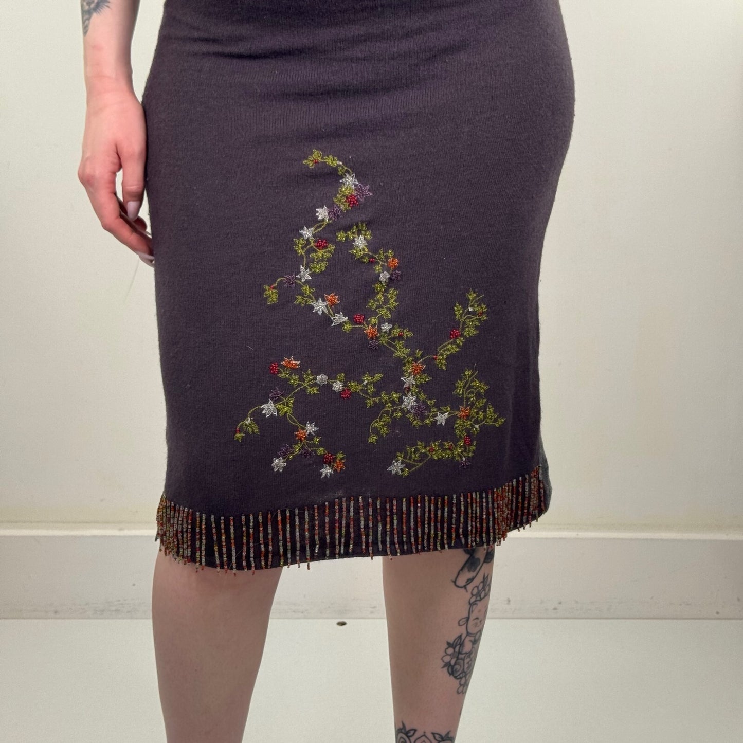 Vintage Y2K Custo Barcelona Floral Embroidered Beaded Fringe Midi Skirt Knit