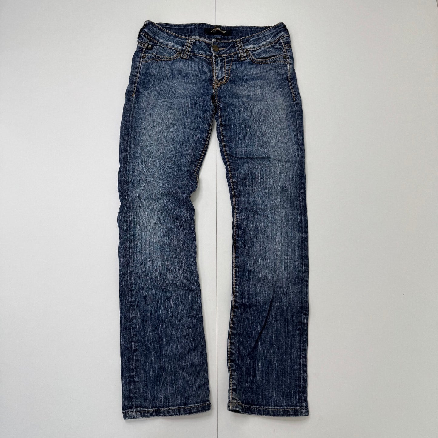 Y2K vintage low rise bootcut denim jeans mid blue faded wash studded distressed