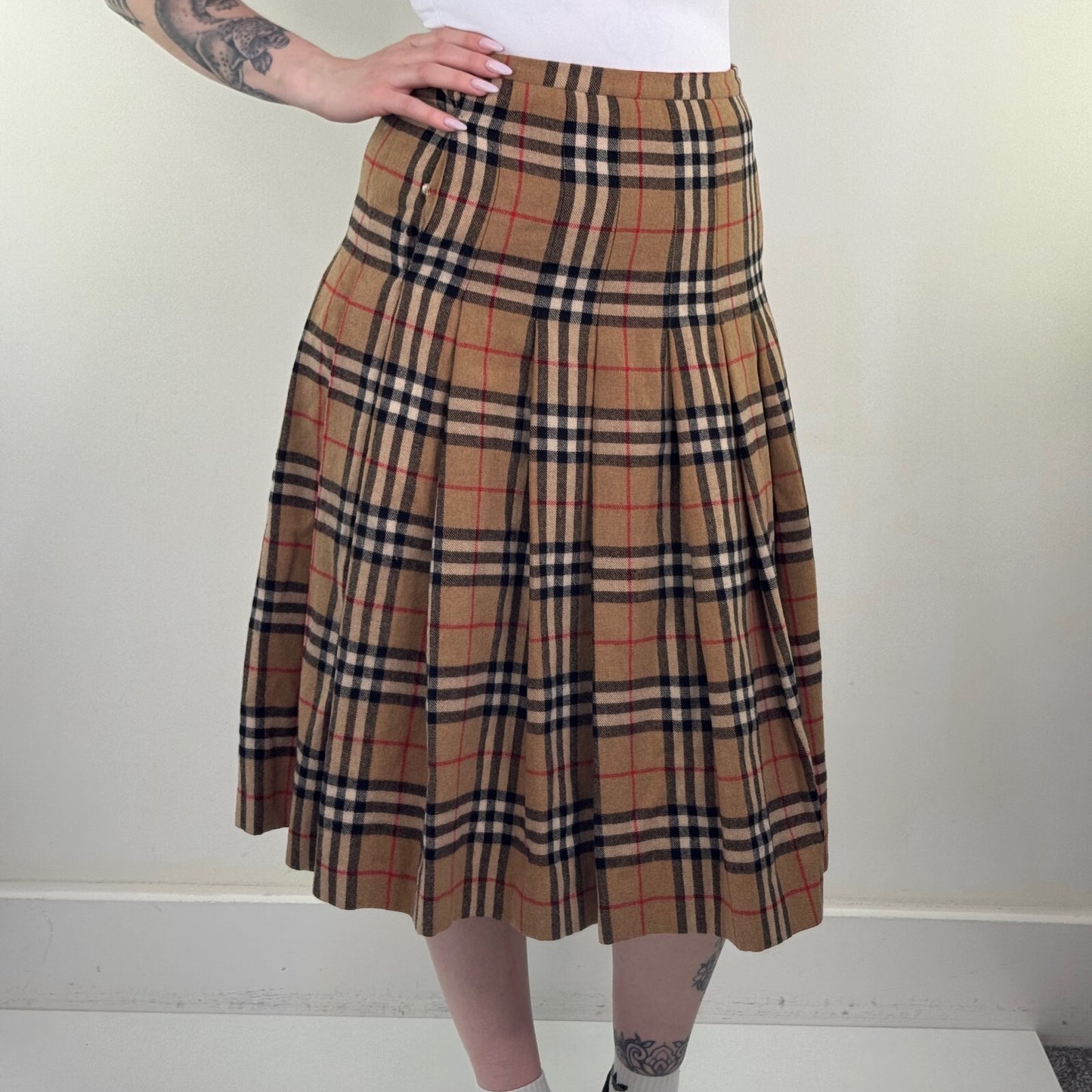 Y2K vintage midi skirt nova check print wool knit pleated a line beige