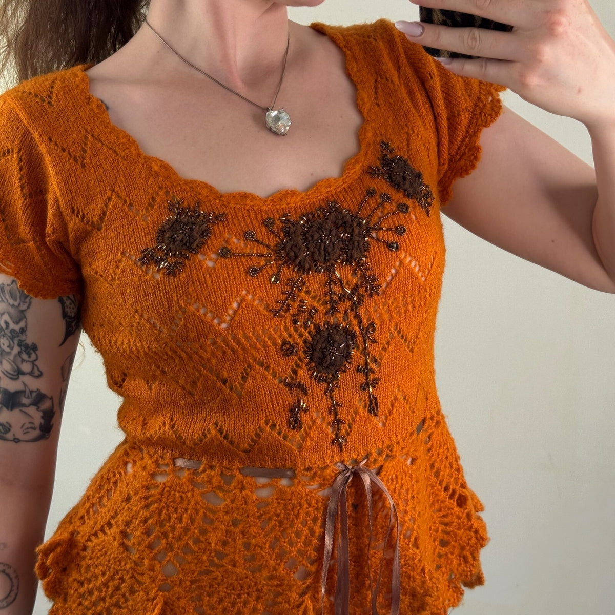 Y2K vintage mohair knit short sleeve top beaded floral embellished sheer bow