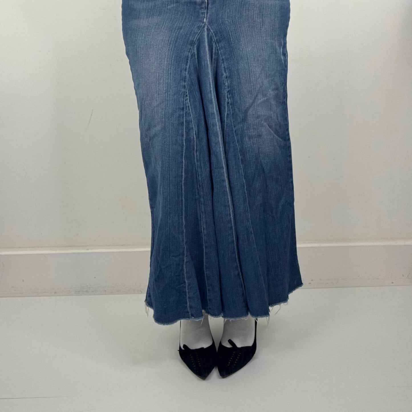 Y2K vintage denim maxi skirt faded blue wash a line distressed fishtail fitted