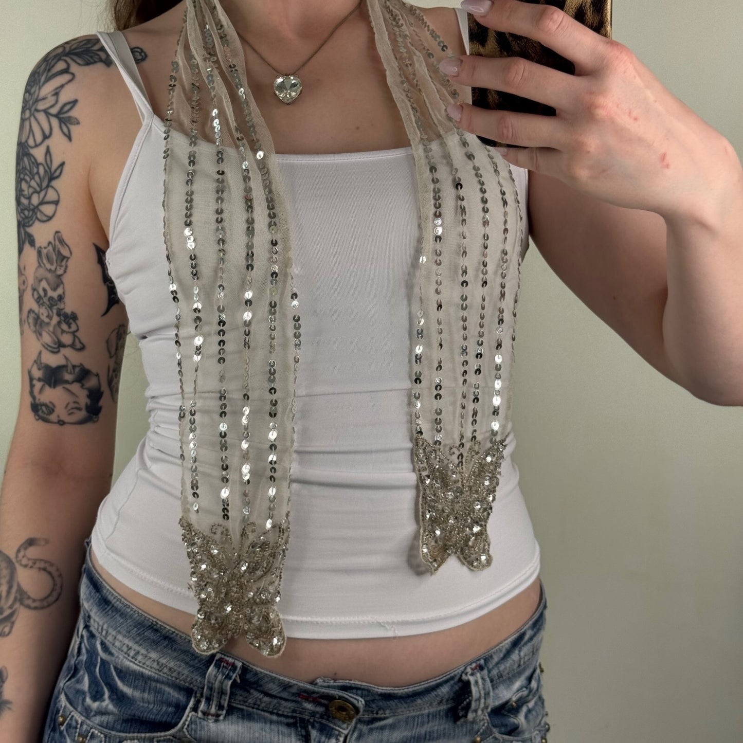 Y2K vintage scarf sheer mesh sequin butterfly short silver embellished