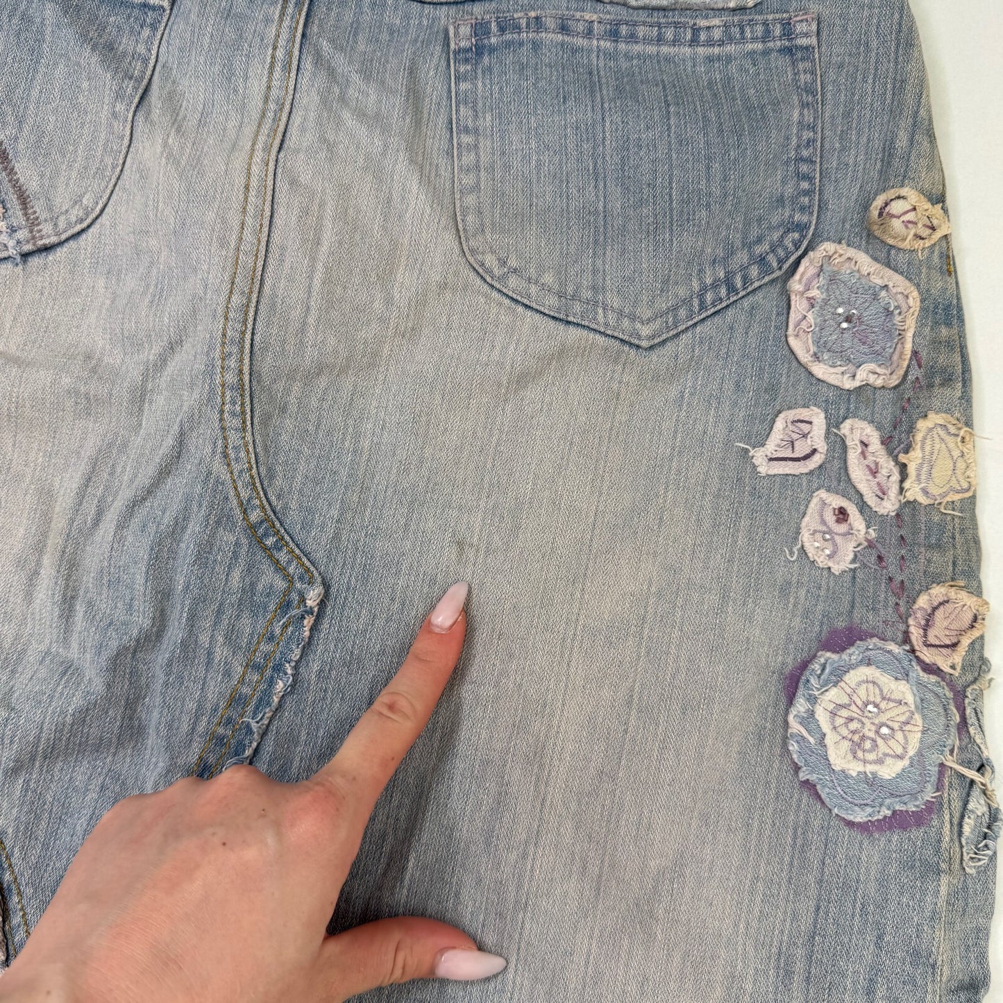 Y2K vintage denim midi skirt asymmetrical floral fairy boho embroidered a line