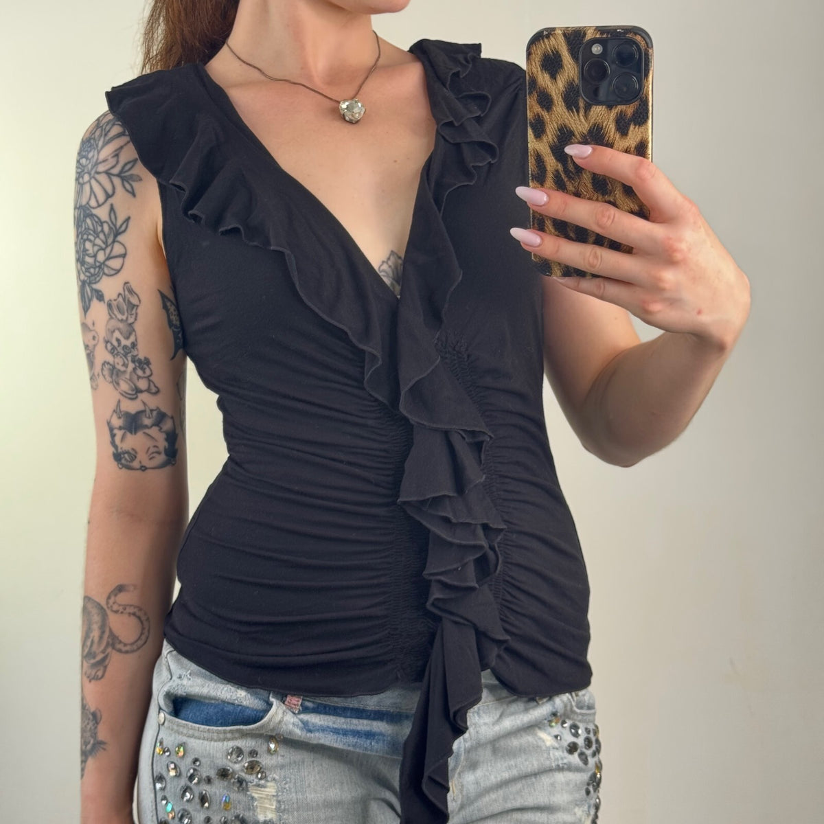 Y2K vintage JLO tank top ruffle stretchy fitted frilly deep v neck ruched