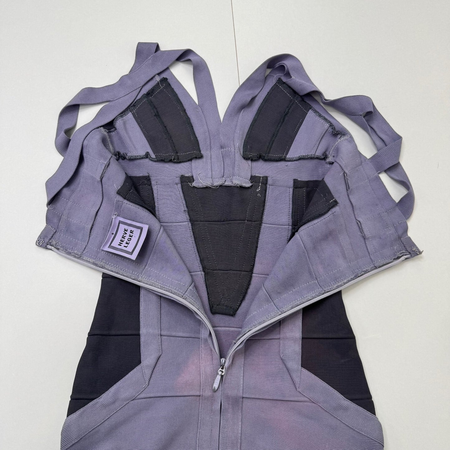 Vintage Hervé Léger bandage midi dress dusty lilac dark blue block colour