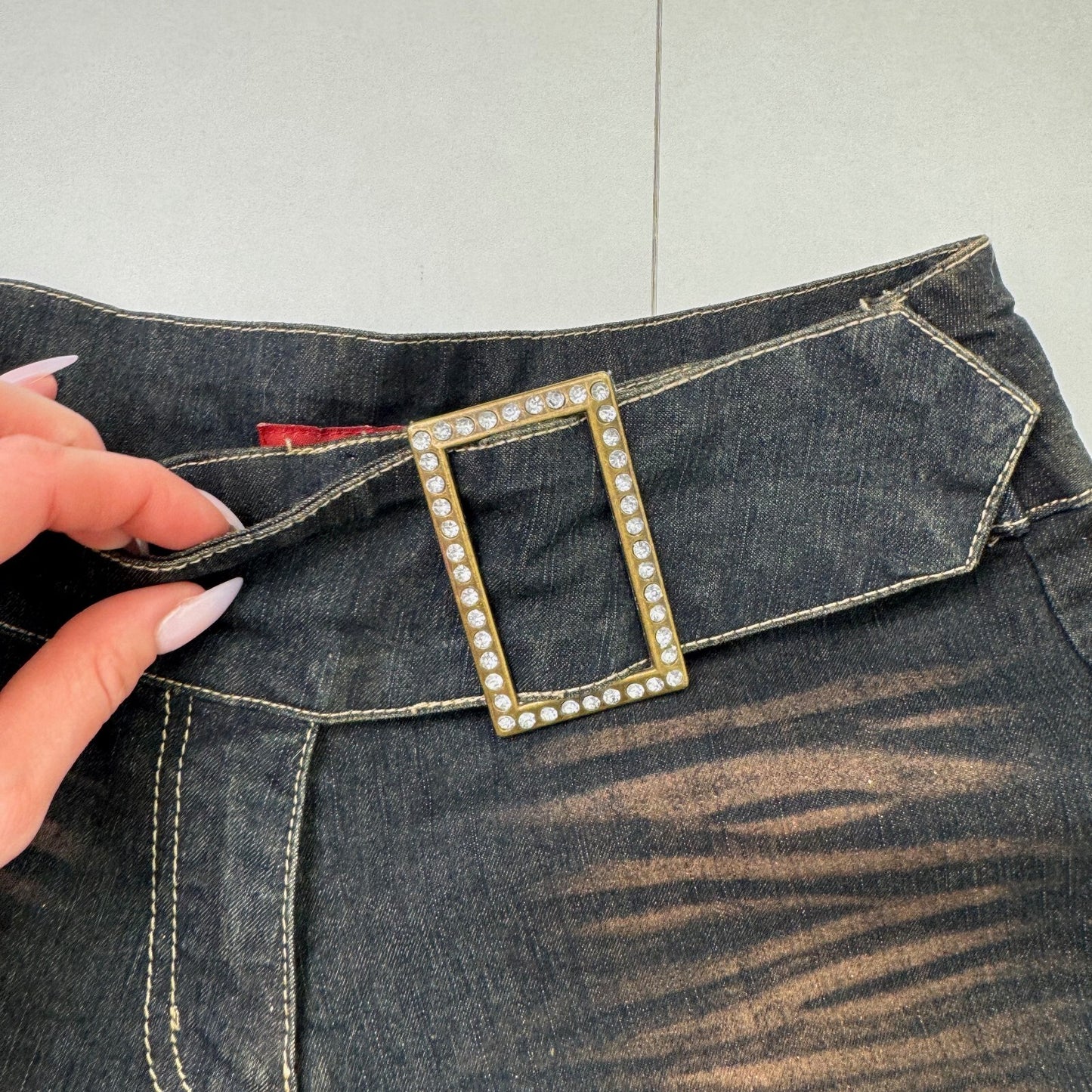 Y2K vintage bootcut denim jeans sparkly stretchy rhinestone belt glitter
