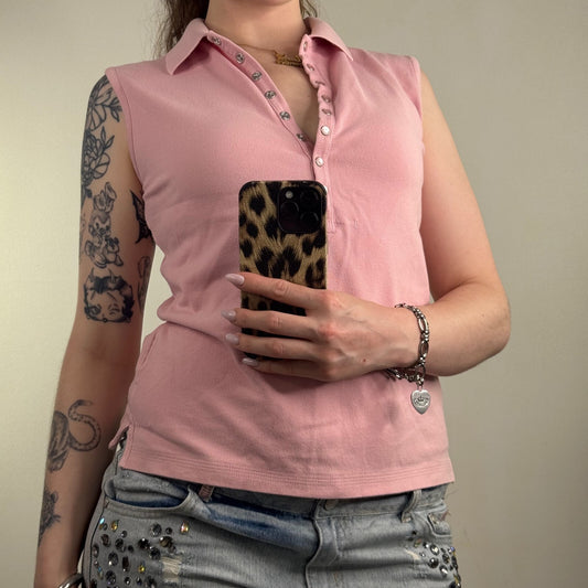 Y2K vintage Timberland polo top henley sleeveless tank collar pale pink