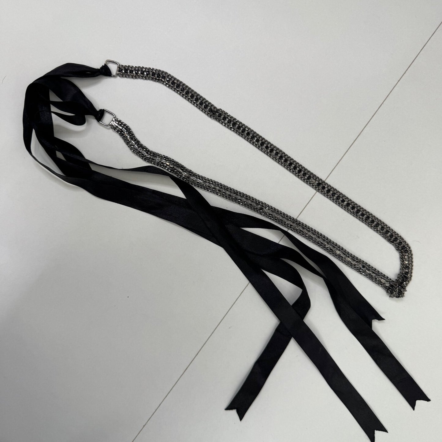 Y2K vintage belt chain ribbon bow rhinestones adjustable skinny thin