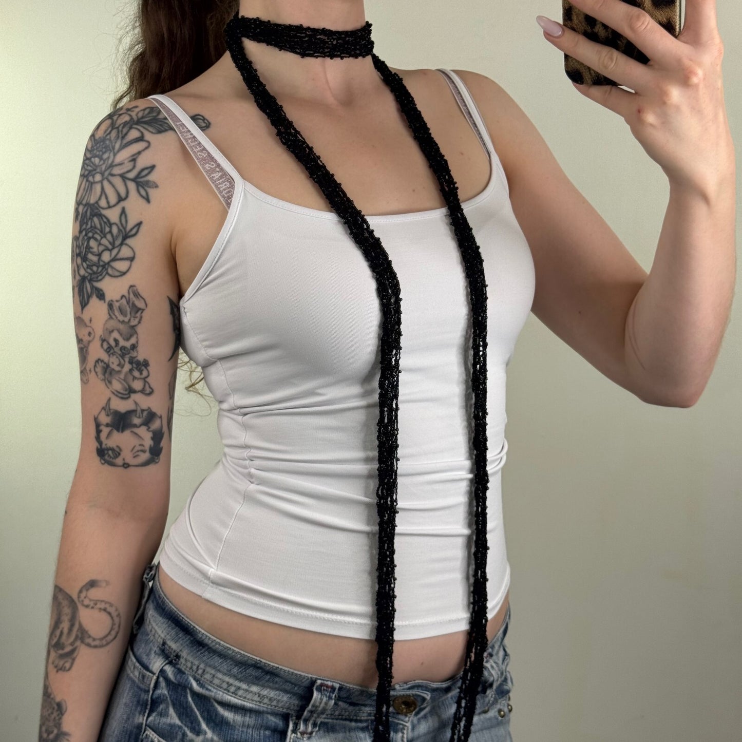 Y2K vintage beaded scarf skinny thin sheer black