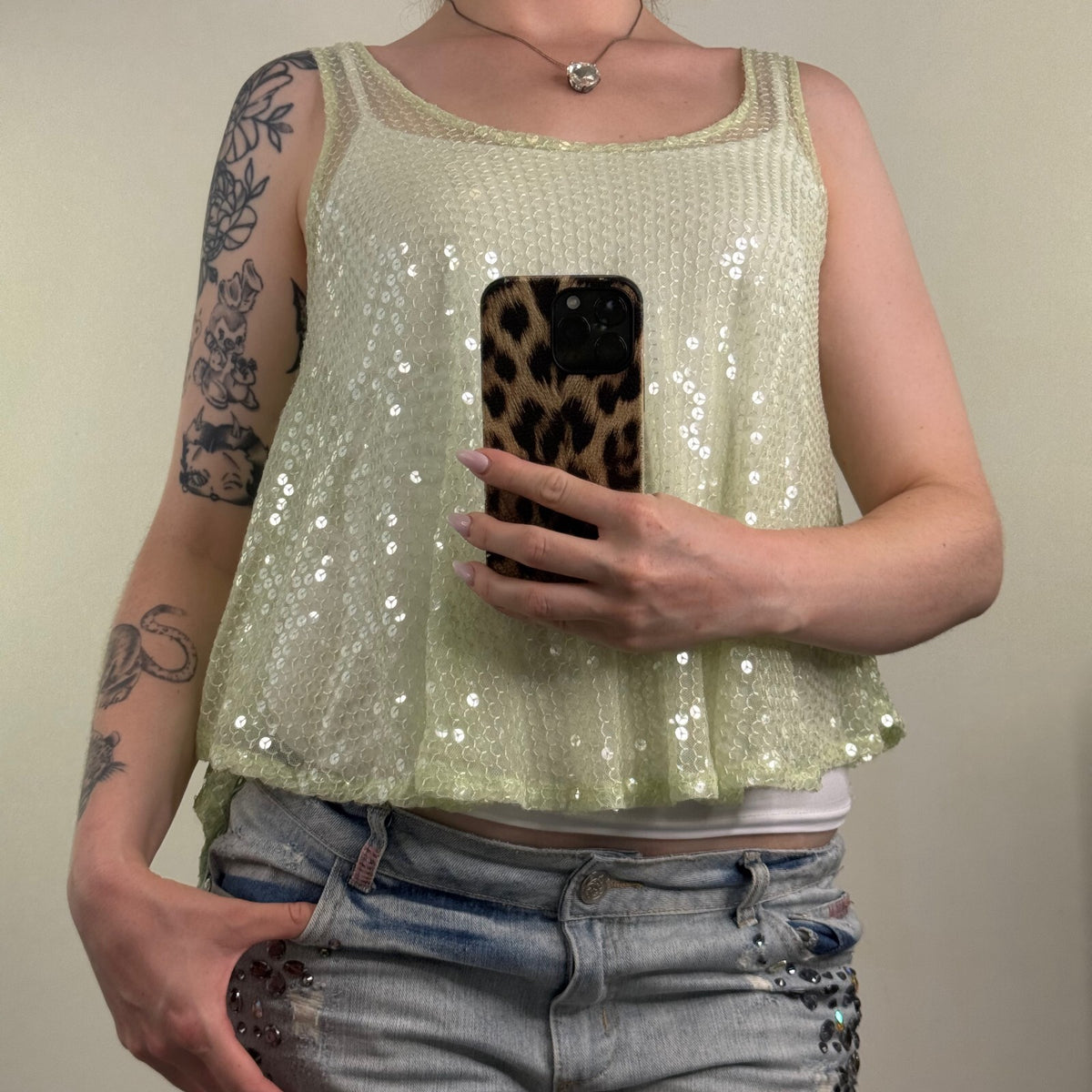 Y2K vintage tank top sequin embellished sheer light green asymmetrical