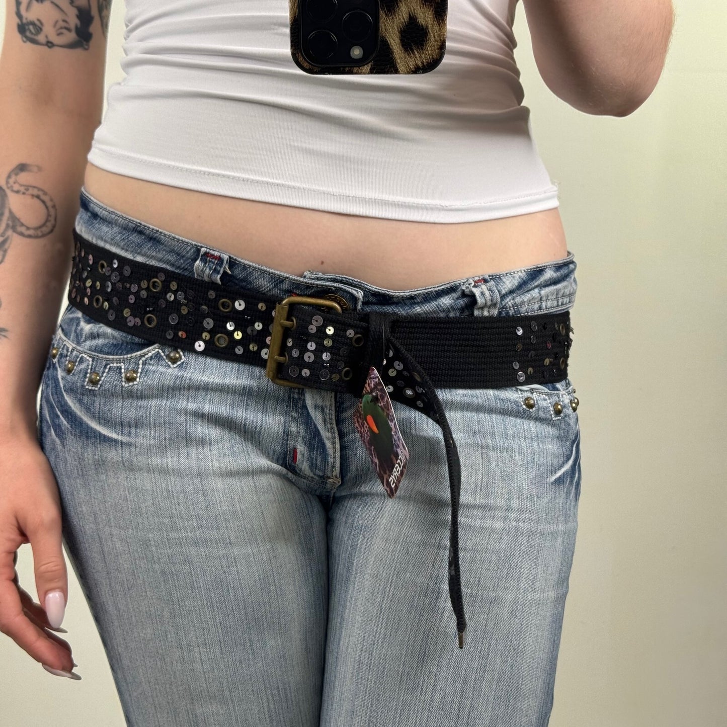 Y2K vintage belt canvas sequin grommet embellished