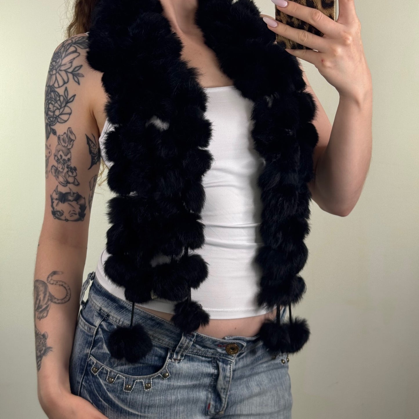 Y2K vintage genuine lapin fur scarf pom pom chunky rabbit black