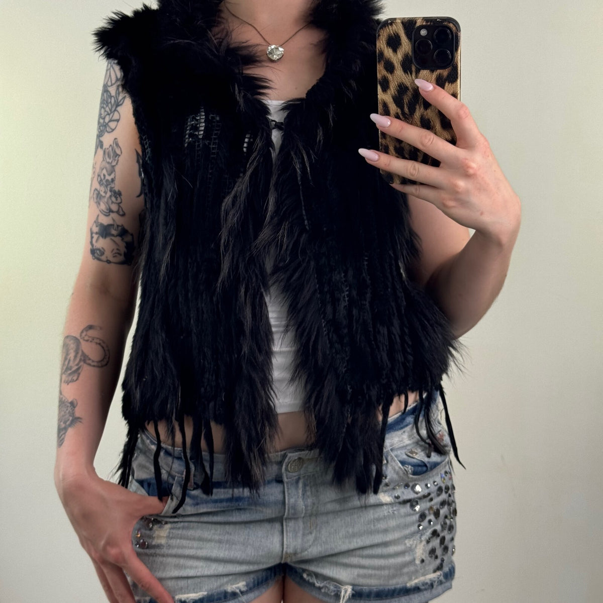Vintage rabbit/ marmot gilet genuine fur collar trim sleeveless jacket black