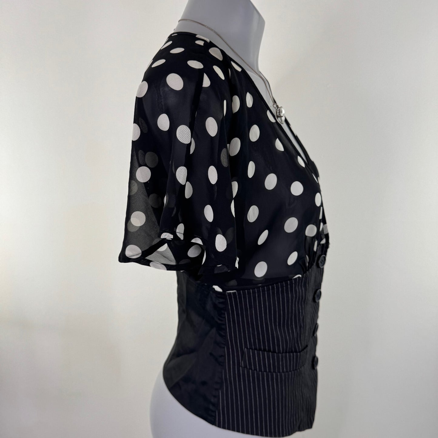 Y2K vintage blouse short flare sleeve polka dot sequin waistcoat button up sheer
